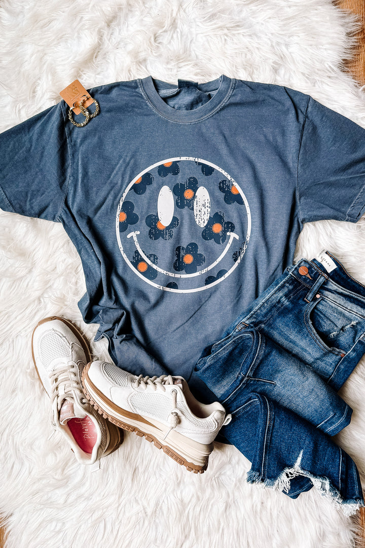 Retro Flower Happy Face Graphic Tee - Denim