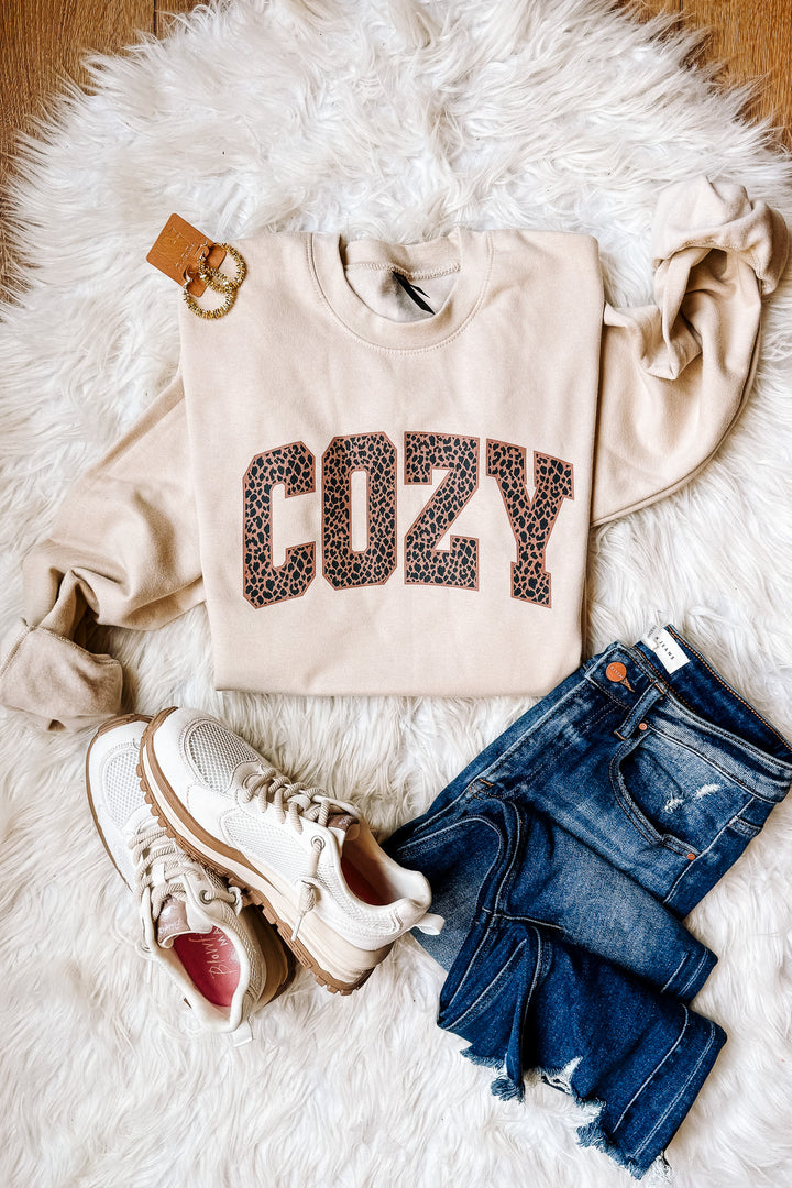 COZY Leopard Crewneck Sweatshirt - Sand