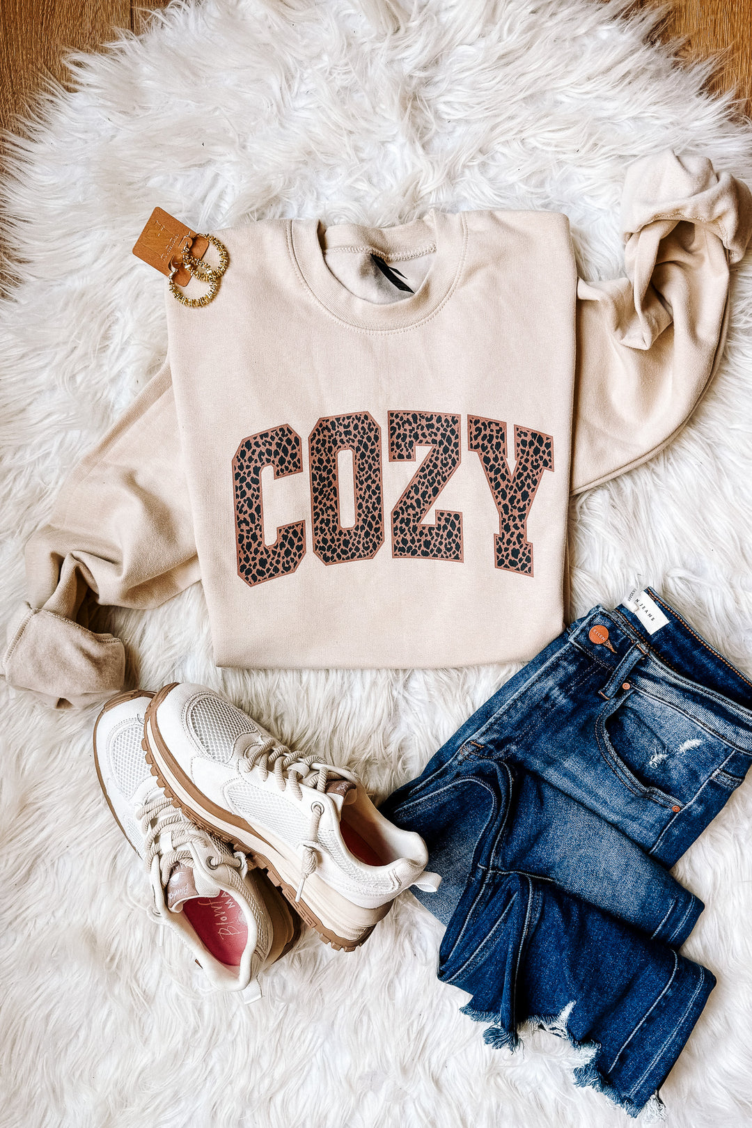 COZY Leopard Crewneck Sweatshirt - Sand