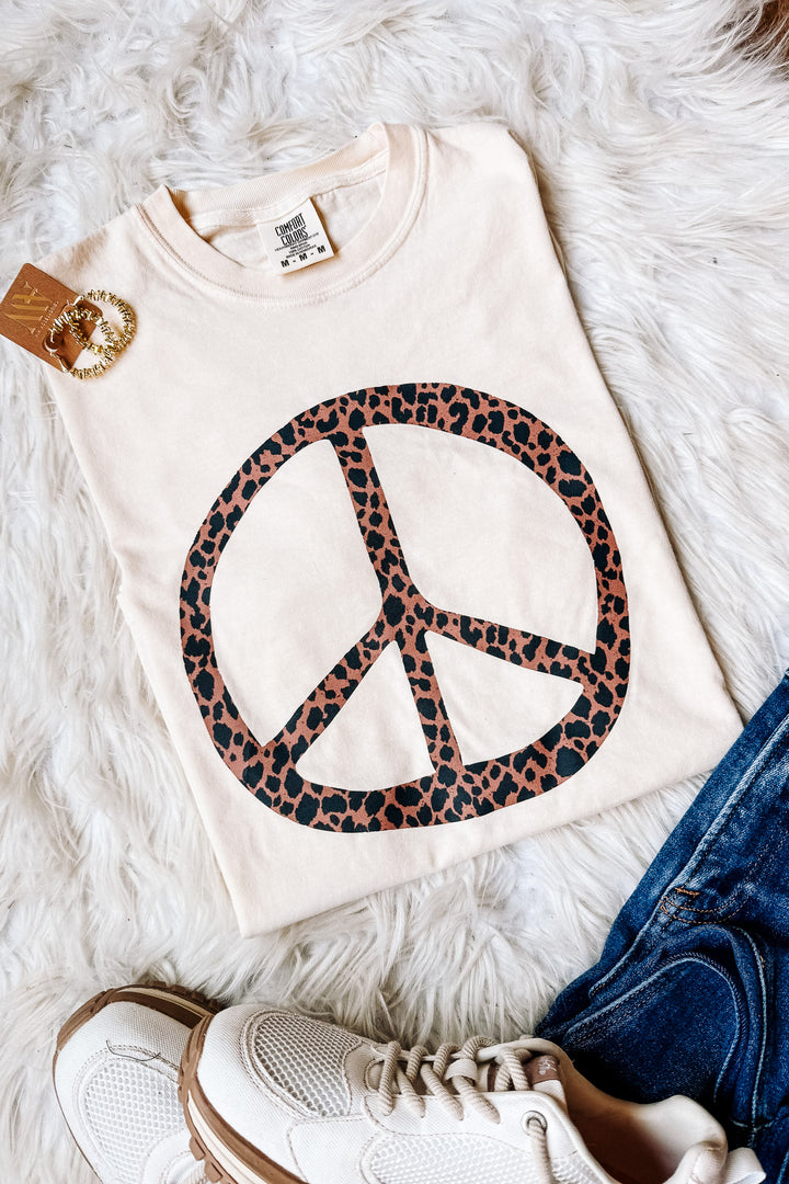 Leopard Peace Sign Graphic Tee - Ivory
