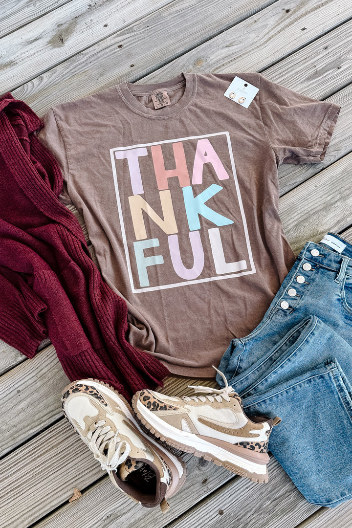 Pastel Thankful Graphic Tee - Espresso