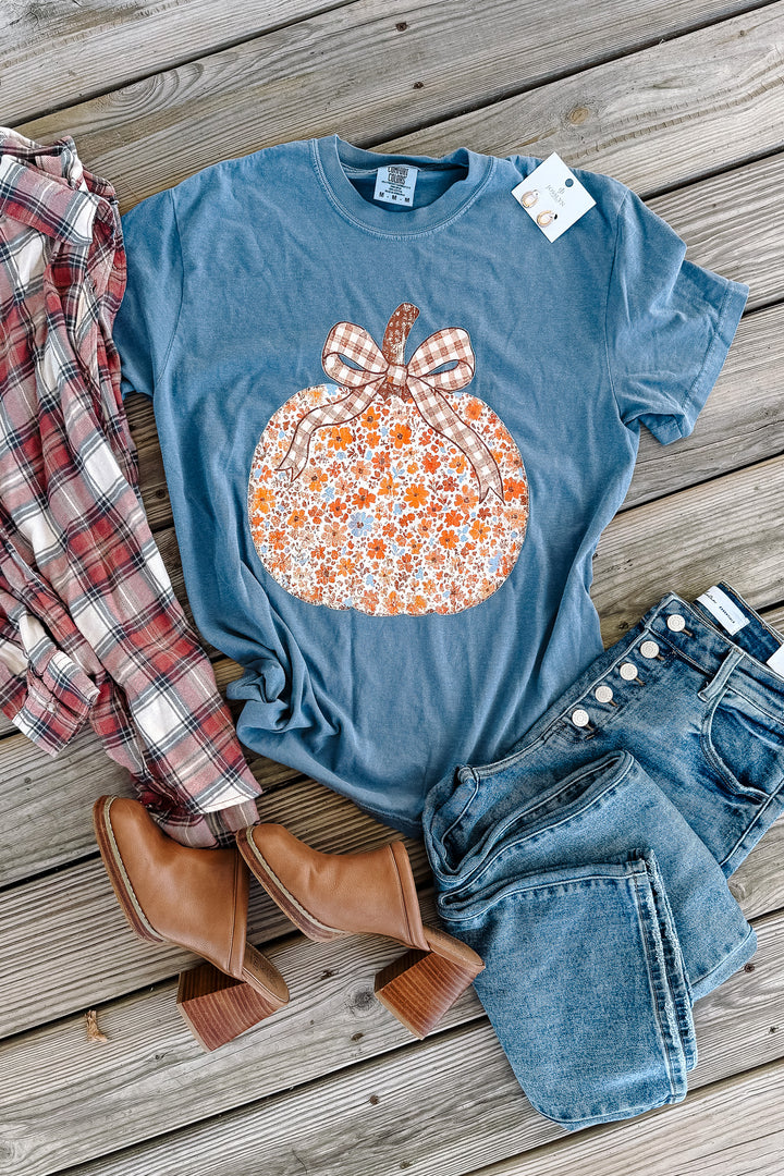 Floral Frenzy Pumpkin Graphic Tee - Blue Jean