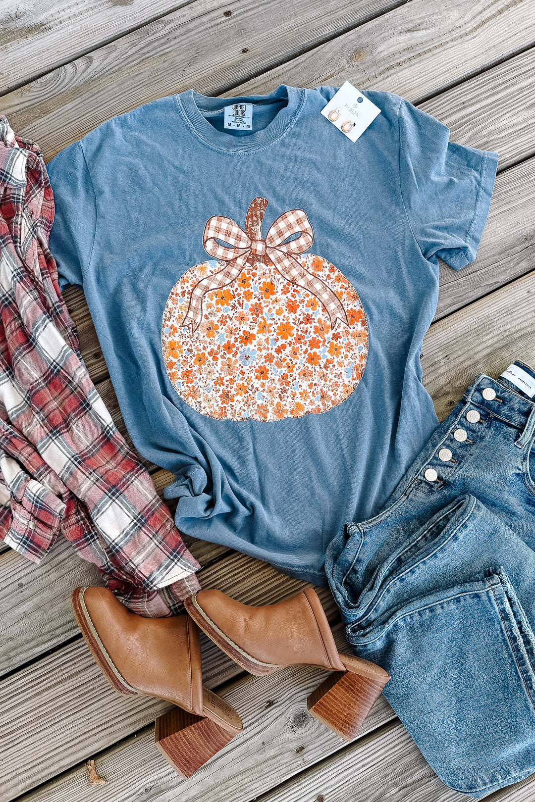 Floral Frenzy Pumpkin Graphic Tee - Blue Jean
