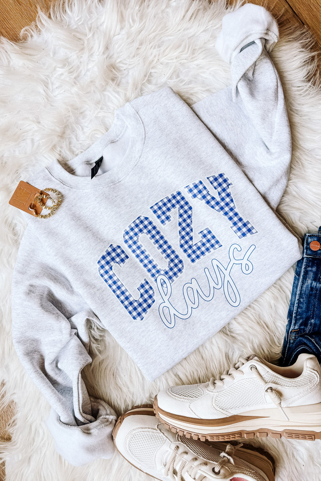 Navy Checkered Cozy Days Crewneck Sweatshirt - Ash Grey