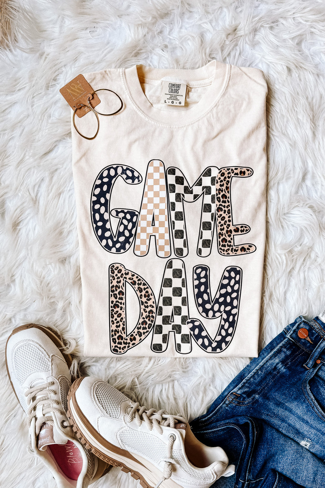 Checkered, Leopard, Dot Game Day Graphic Tee - Ivory