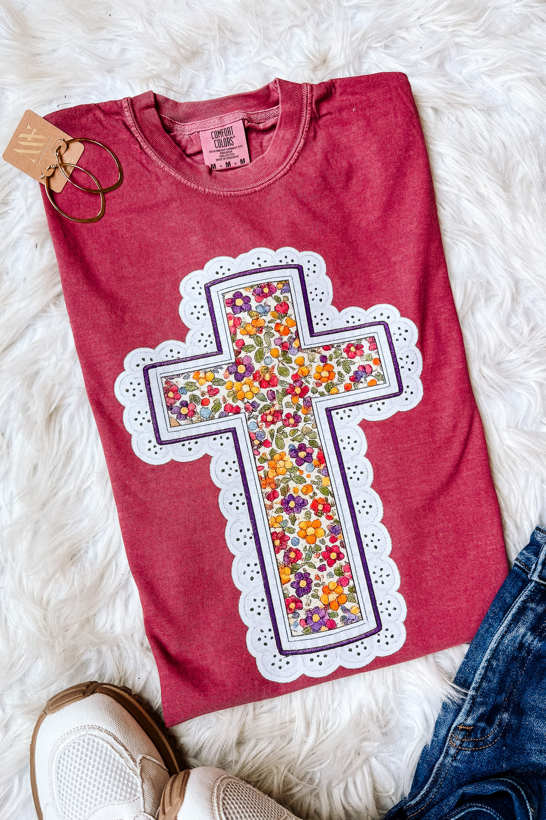 Fall Floral Cross Graphic Tee - Brick
