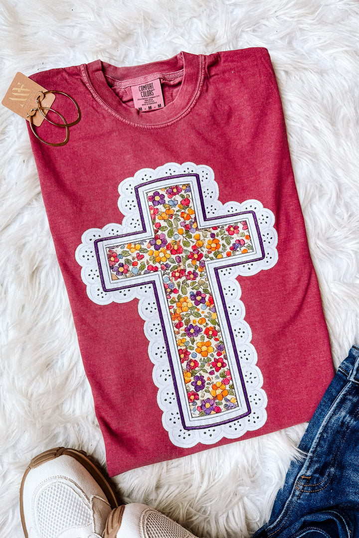 Fall Floral Cross Graphic Tee - Brick
