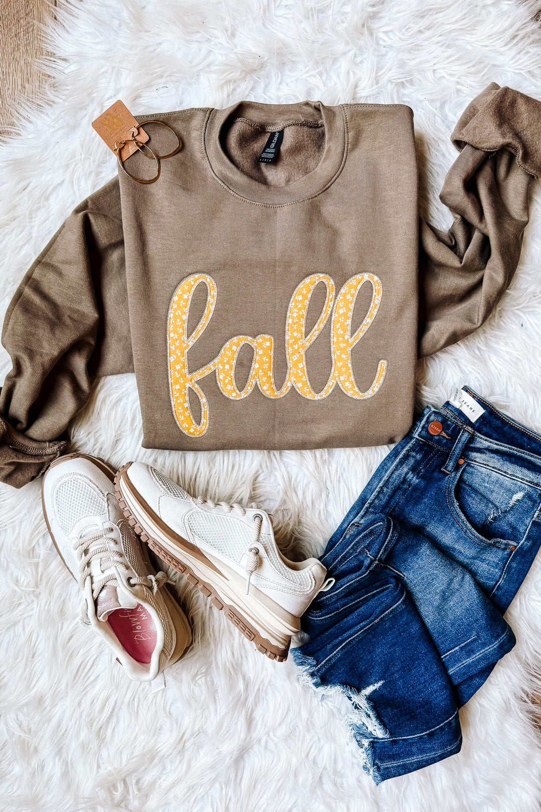 Mustard Floral Fall Appliqué Embroidered Crewneck Sweatshirt - Brown