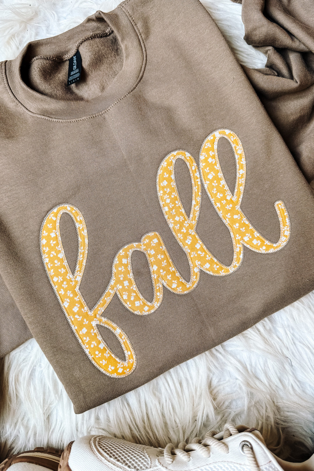 Mustard Floral Fall Appliqué Embroidered Crewneck Sweatshirt - Brown