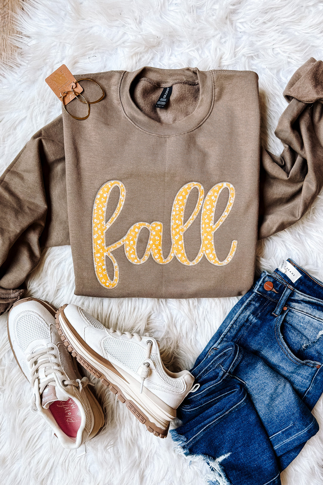 Mustard Floral Fall Appliqué Embroidered Crewneck Sweatshirt - Brown