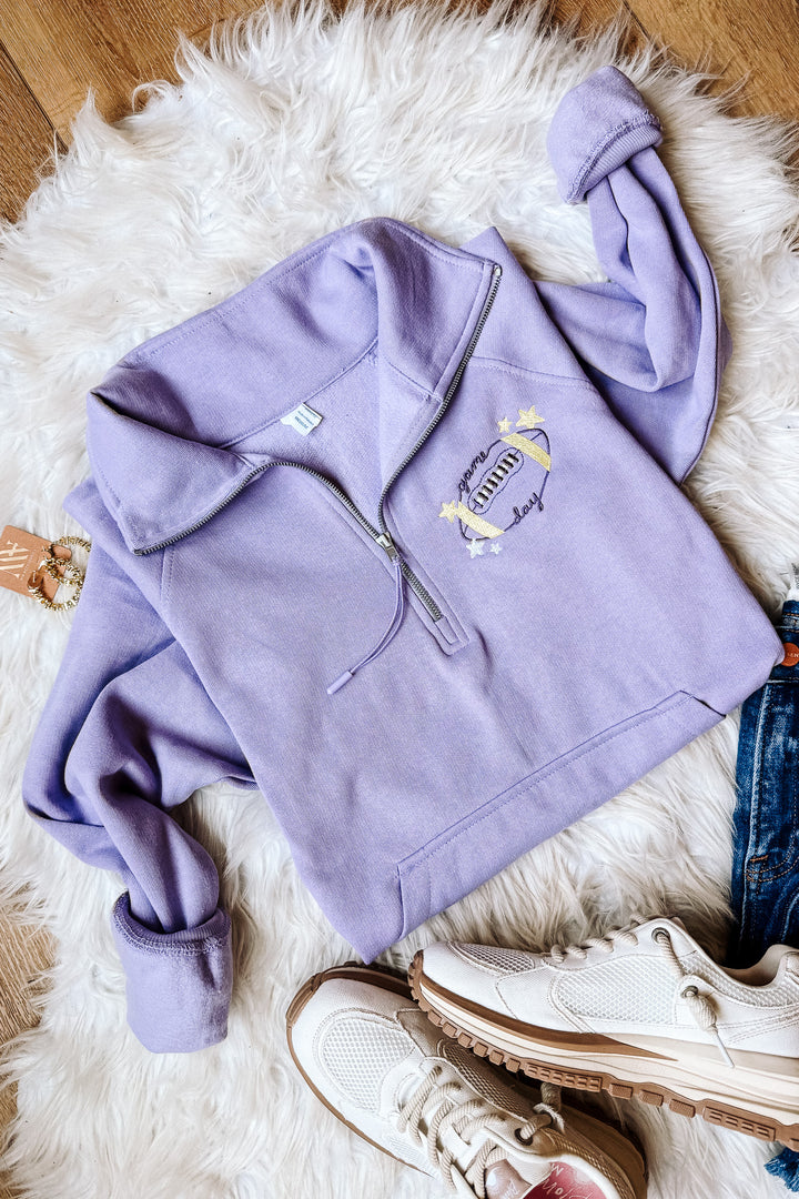 Football Game Day Embroidered Half Zip - Orchid