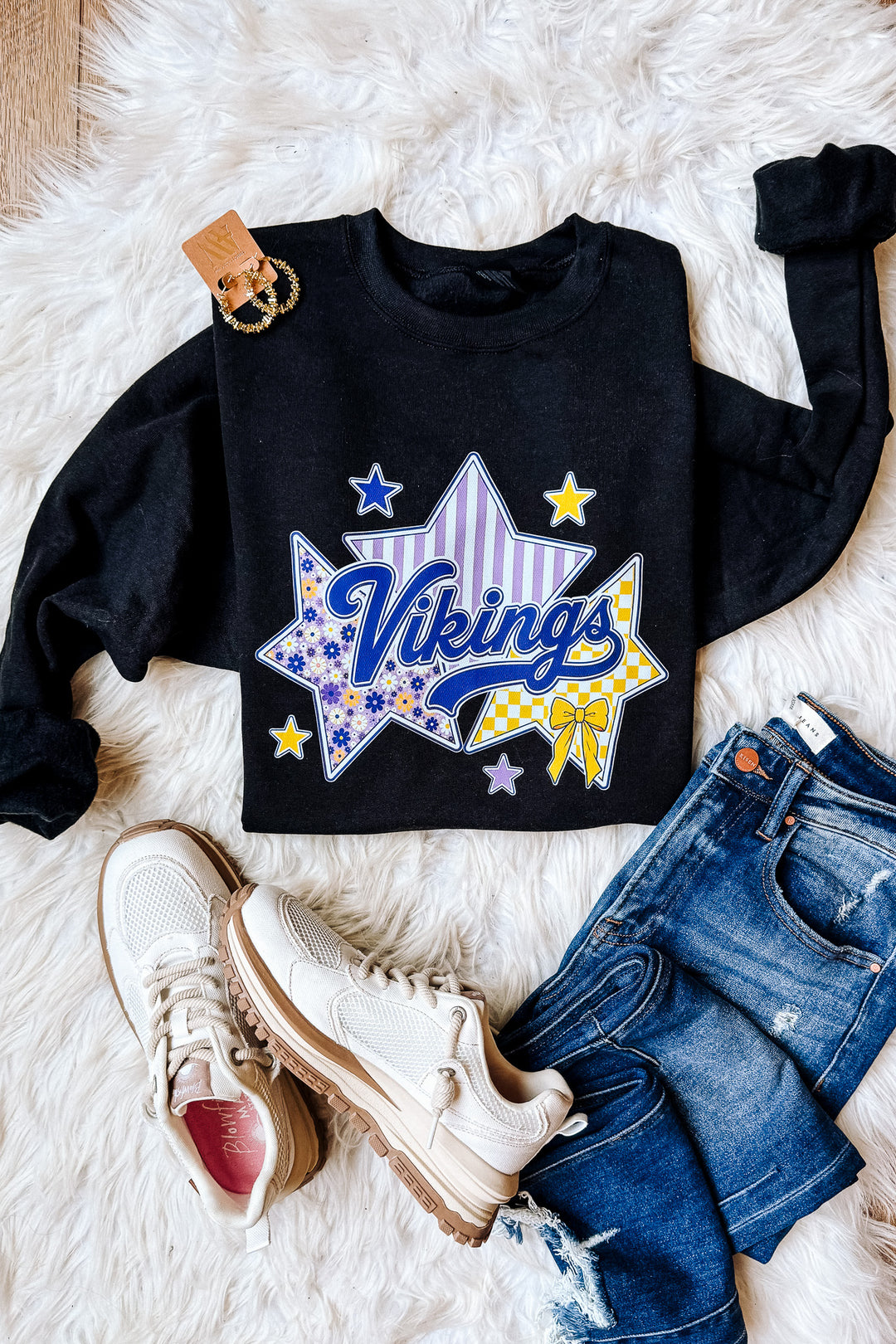 Stars, Flowers, & Vikings Graphic Sweatshirt - Black
