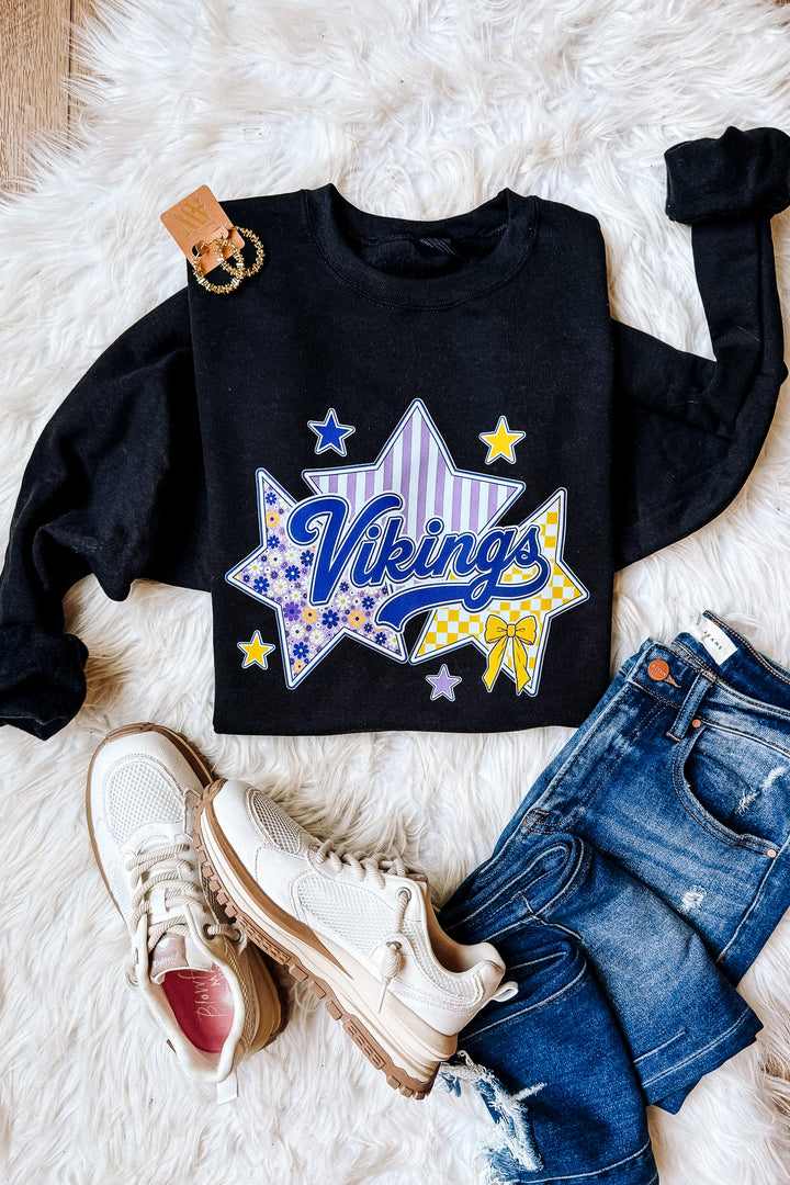 Stars, Flowers, & Vikings Graphic Sweatshirt - Black