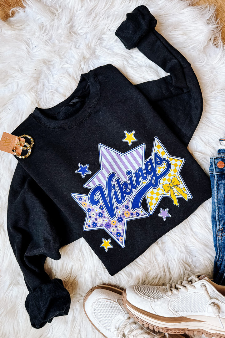 Stars, Flowers, & Vikings Graphic Sweatshirt - Black