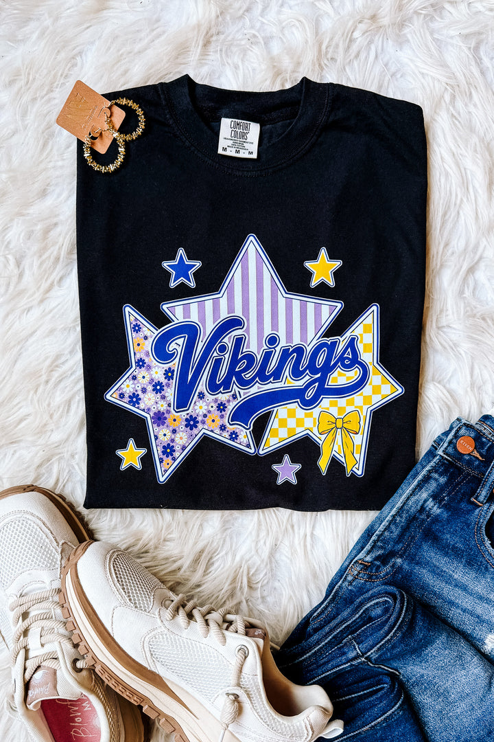 Stars, Flowers, & Vikings Graphic Tee - Black