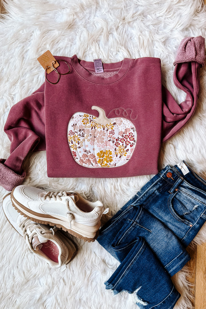 Fall Floral Appliqué Pumpkin Sweatshirt - Pigment Maroon