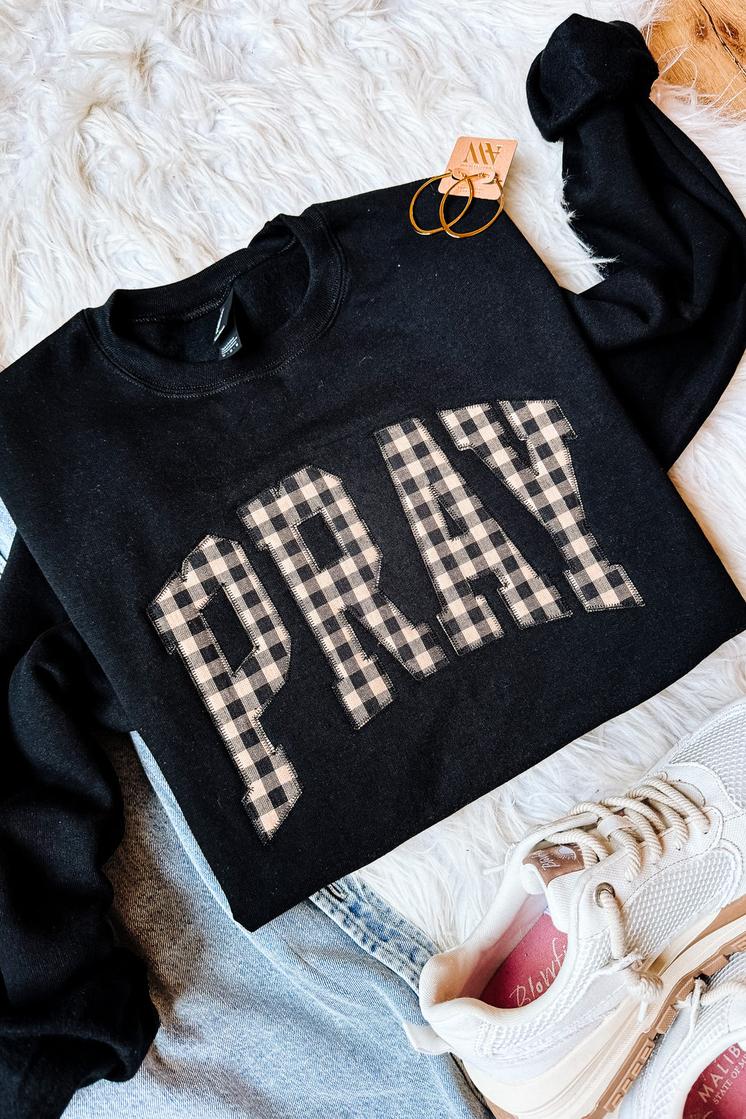 Plaid PRAY Appliqué Embroidered Sweatshirt - Black