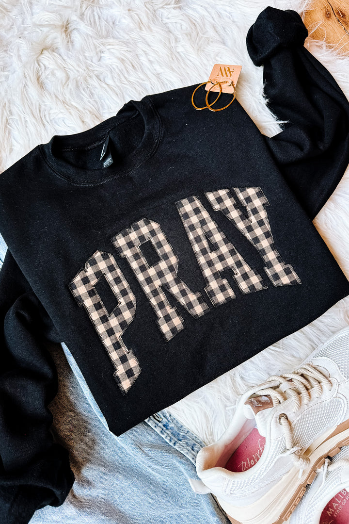 Plaid PRAY Appliqué Embroidered Sweatshirt - Black