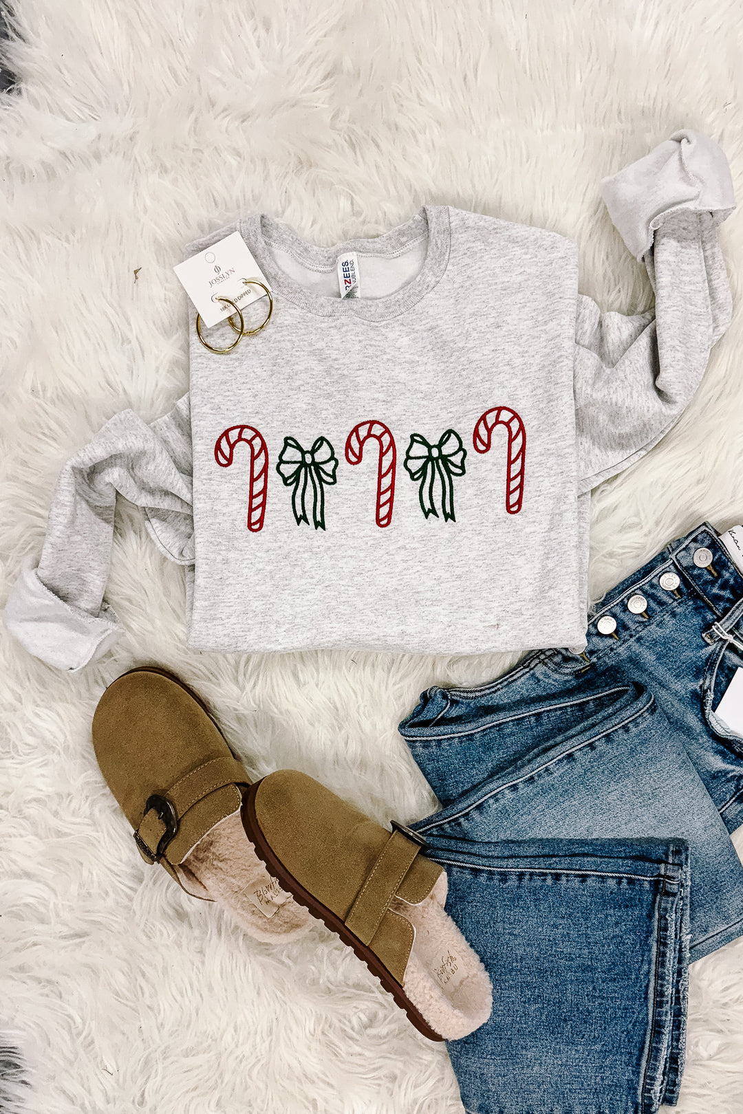 Candy Canes & Bows Embroidered Sweatshirt - Ash Grey