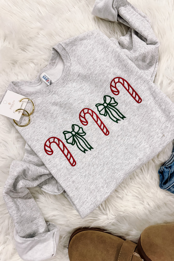 Candy Canes & Bows Embroidered Sweatshirt - Ash Grey