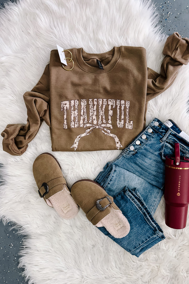 Thankful Floral Bow Crewneck Sweatshirt - Brown