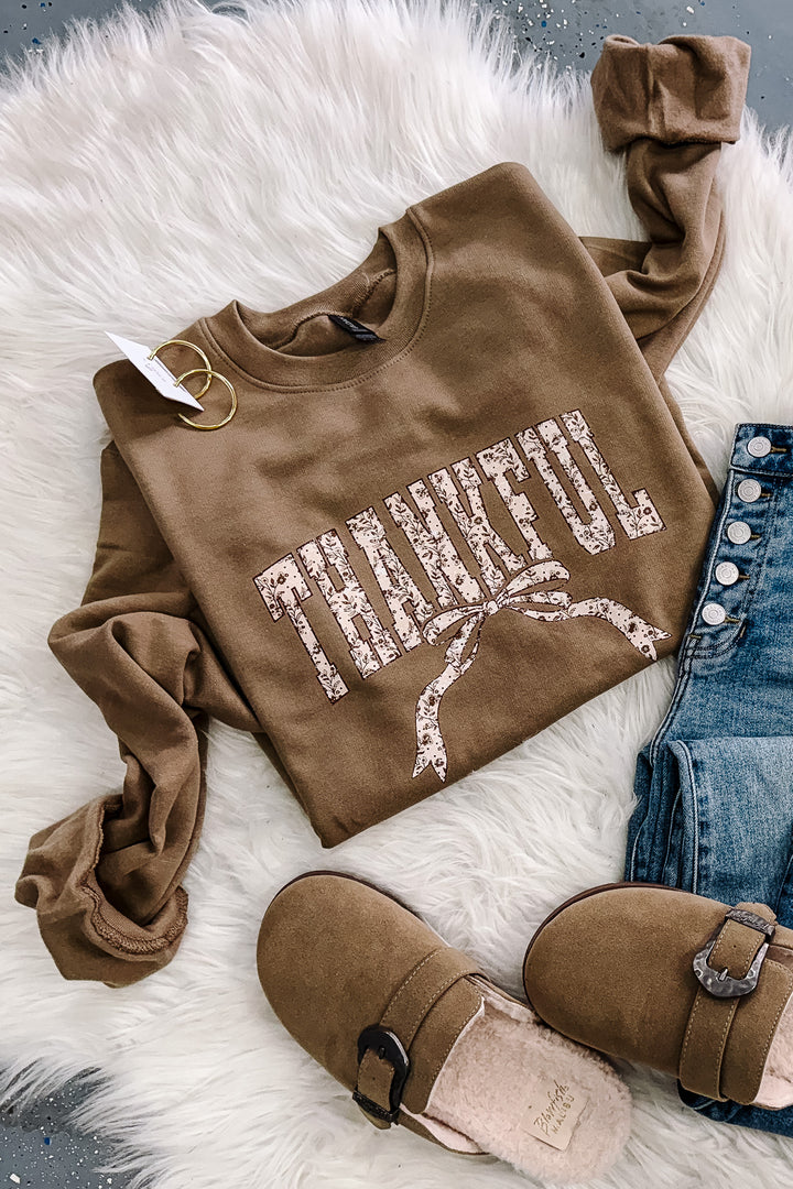 Thankful Floral Bow Crewneck Sweatshirt - Brown