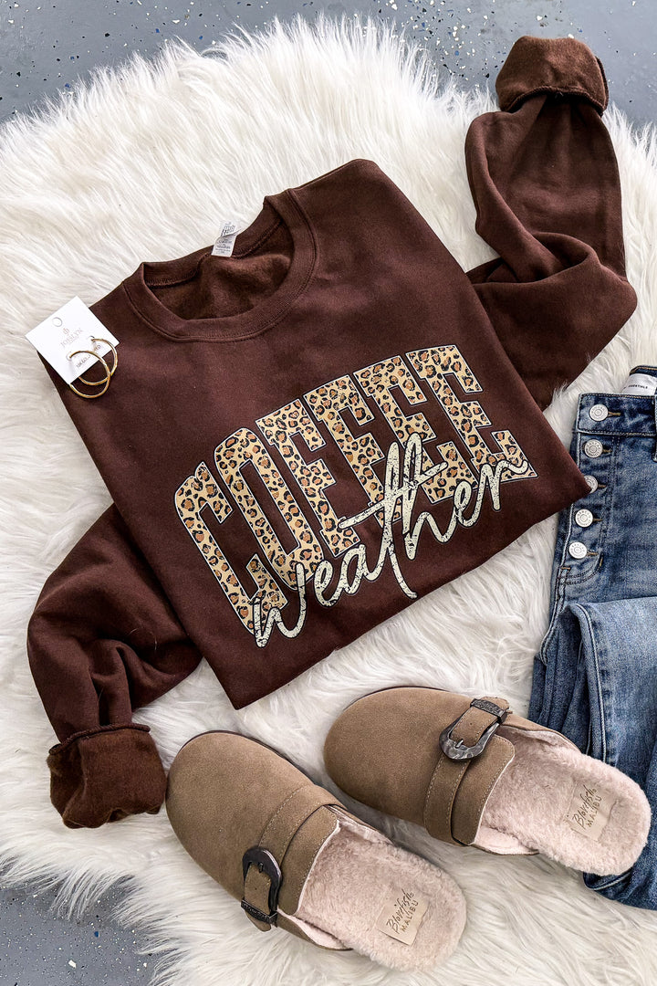 Leopard Coffee Weather Crewneck Sweatshirt - Chocolate