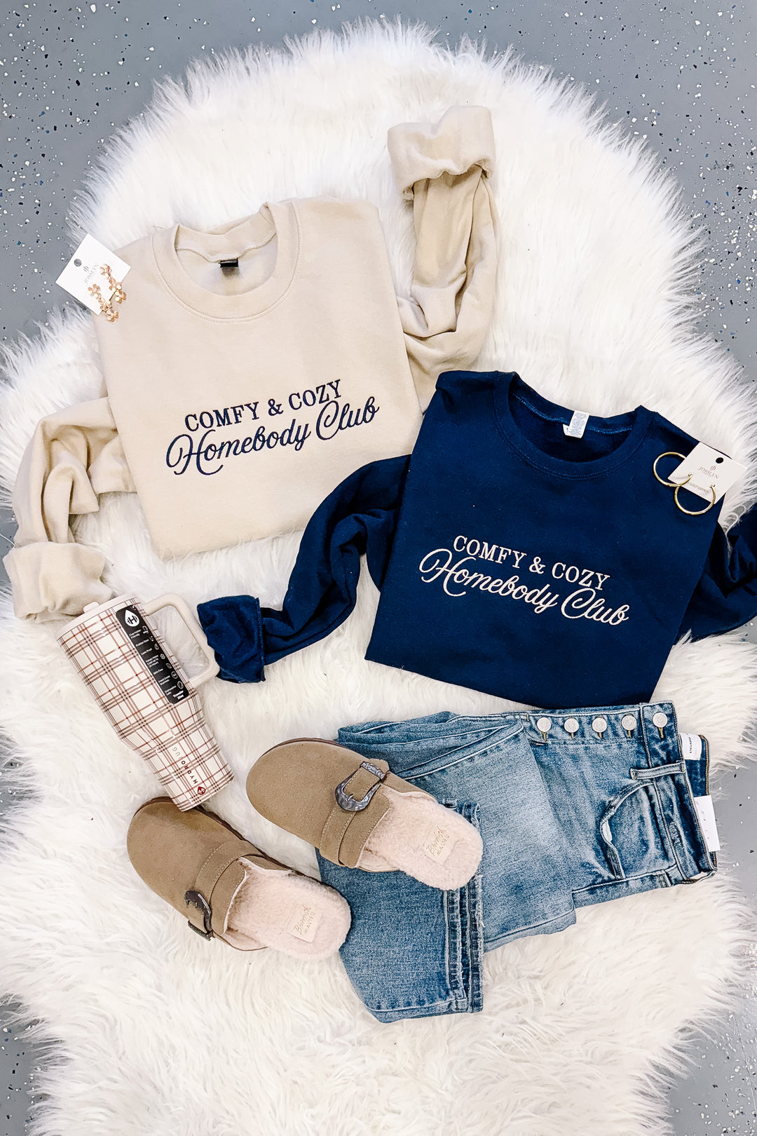 Comfy & Cozy Homebody Club Crewneck Sweatshirt - Sand & Navy