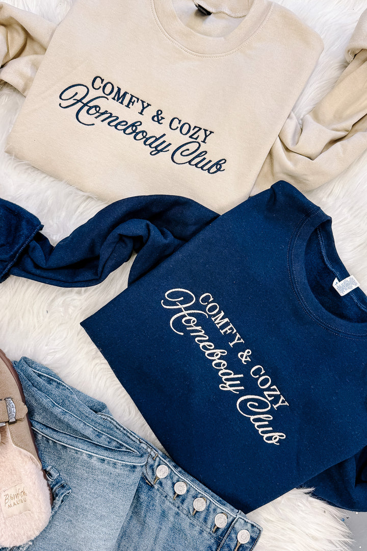 Comfy & Cozy Homebody Club Crewneck Sweatshirt - Sand & Navy