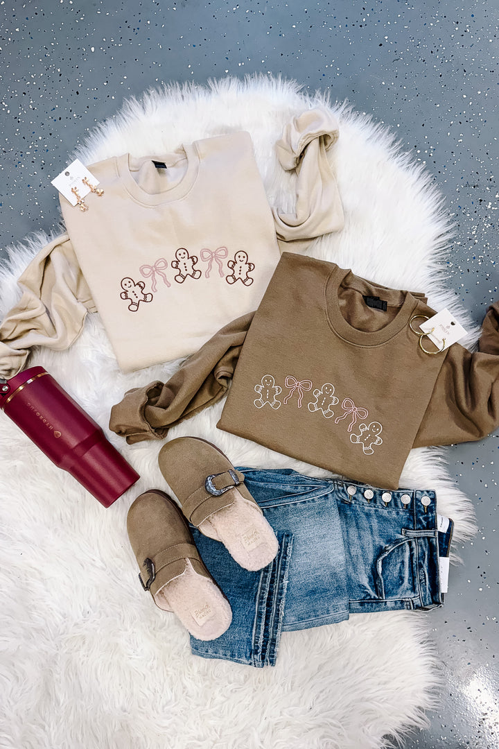 Gingerbread & Bows Embroidered Crewneck Sweatshirt - Brown & Sand