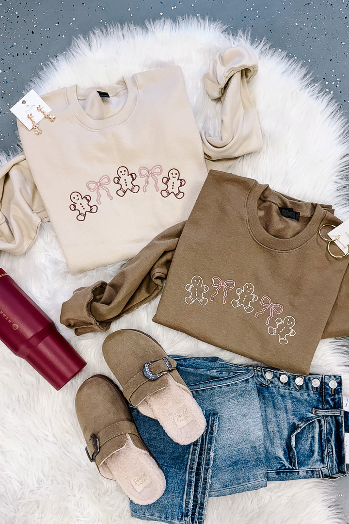 Gingerbread & Bows Embroidered Crewneck Sweatshirt - Brown & Sand