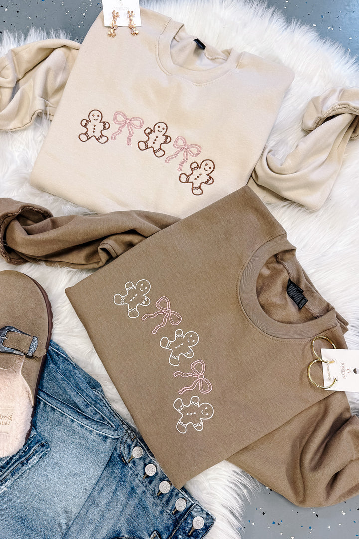 Gingerbread & Bows Embroidered Crewneck Sweatshirt - Brown & Sand