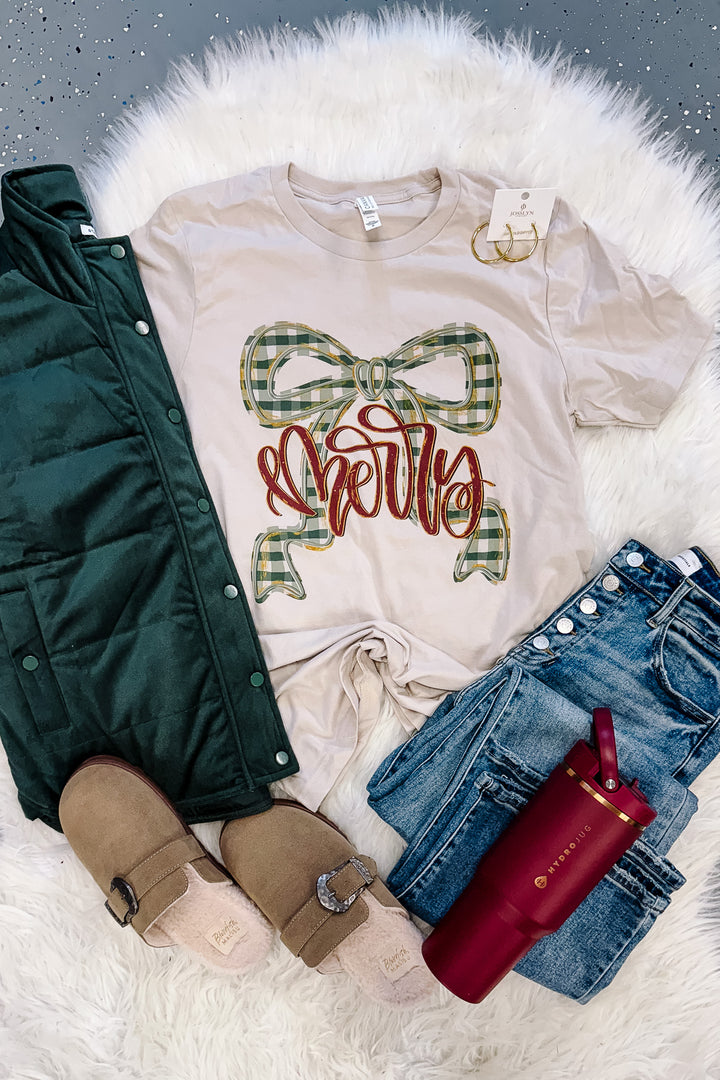 *DEAL* Merry Plaid Bow Graphic Tee - Cement