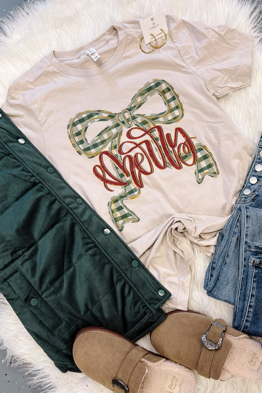 *DEAL* Merry Plaid Bow Graphic Tee - Cement