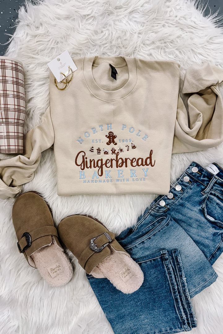 North Pole Gingerbread Bakery Embroidered Graphic Sweatshirt - Sand