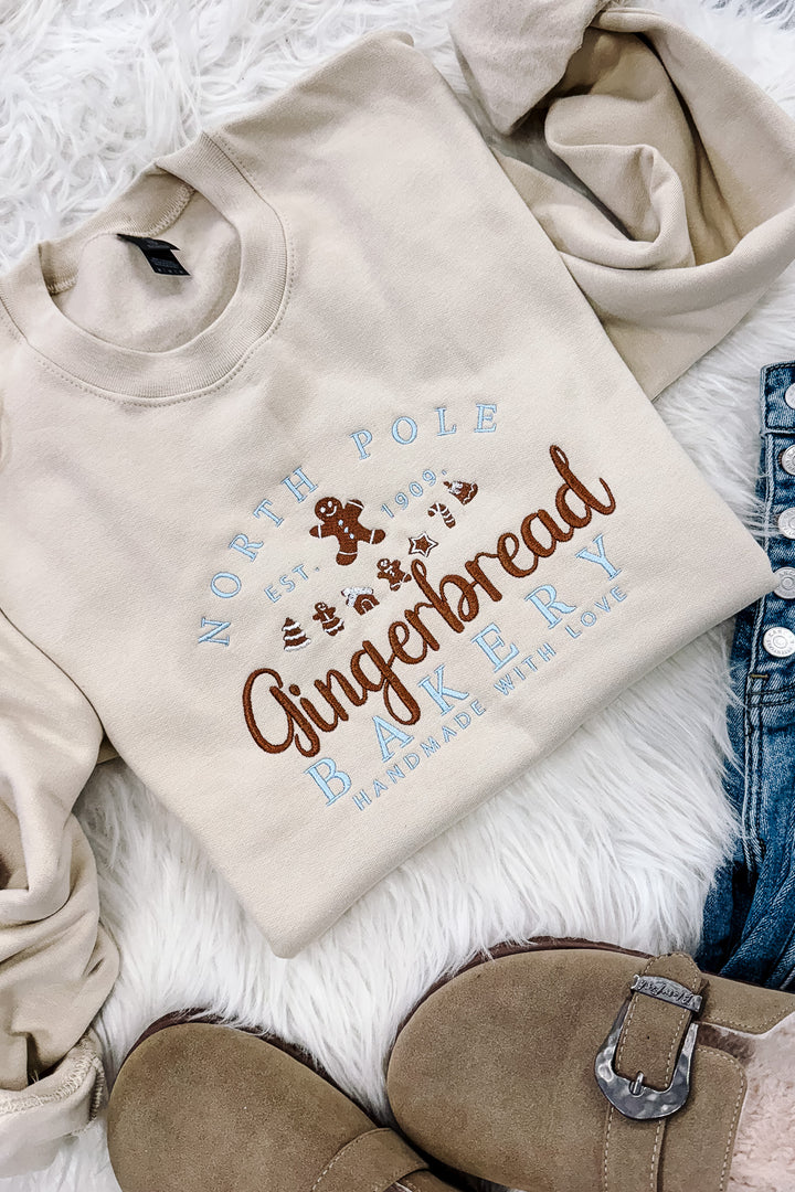 North Pole Gingerbread Bakery Embroidered Graphic Sweatshirt - Sand