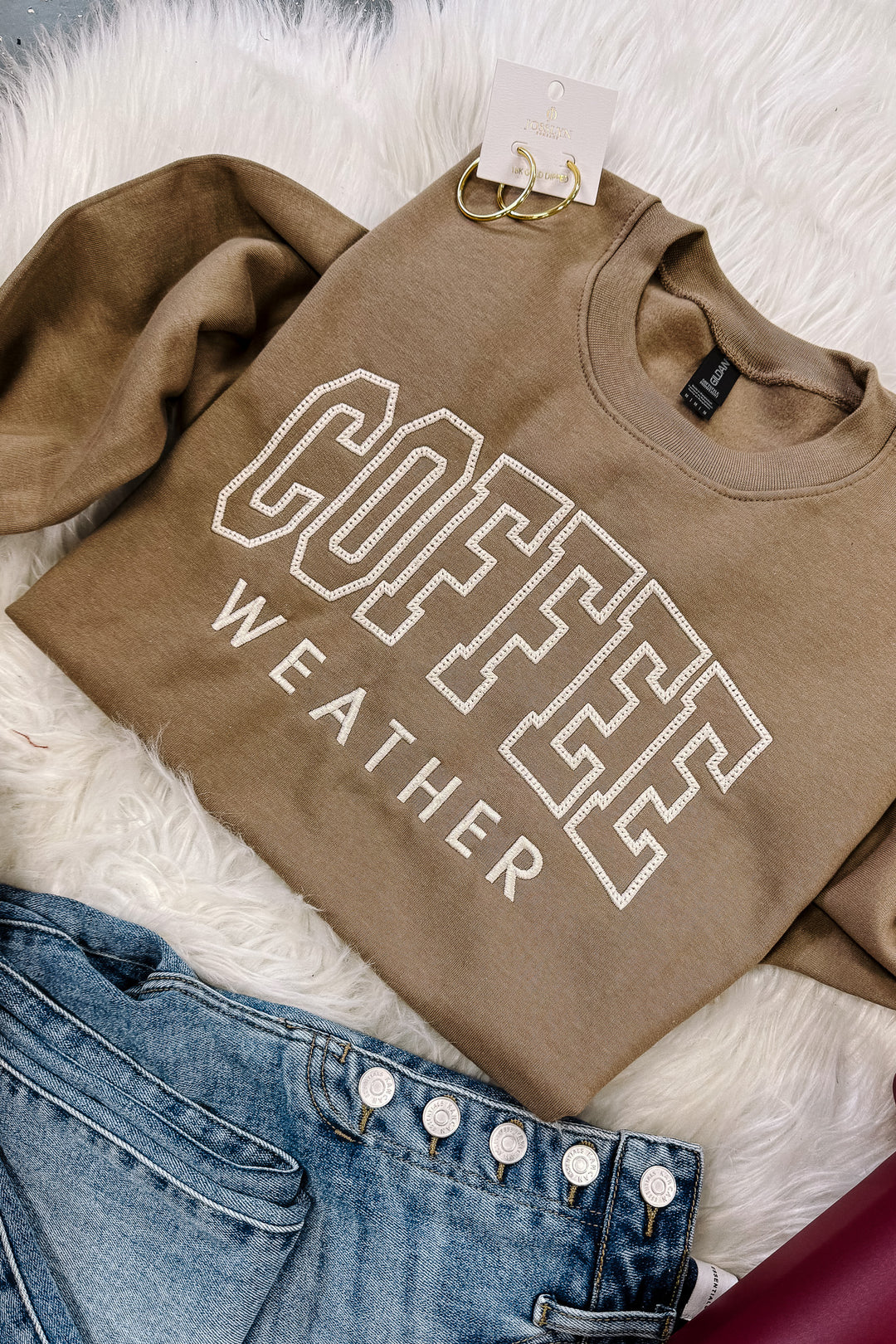 Embroidered Coffee Weather Crewneck Sweatshirt - Brown