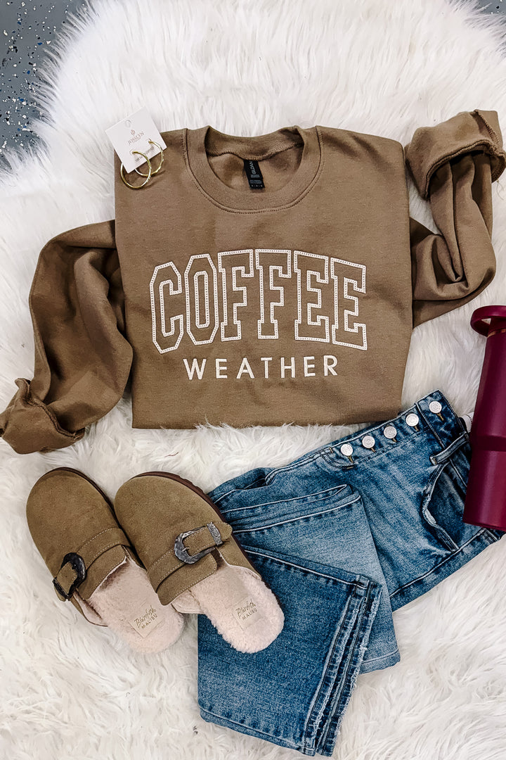 Embroidered Coffee Weather Crewneck Sweatshirt - Brown
