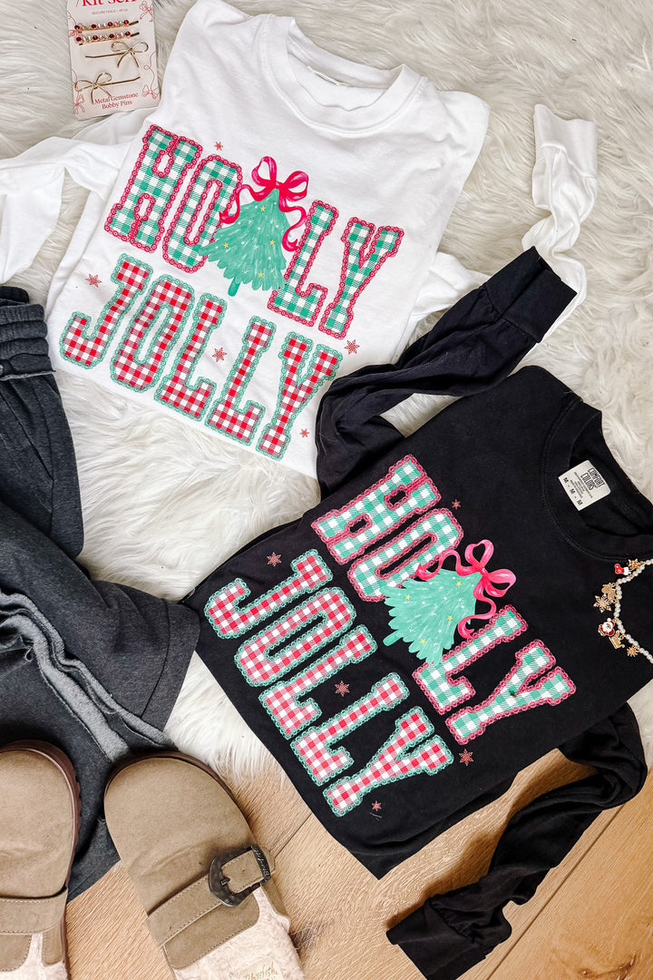 Pastel Pink Holly Jolly Graphic Long Sleeve - Black & White