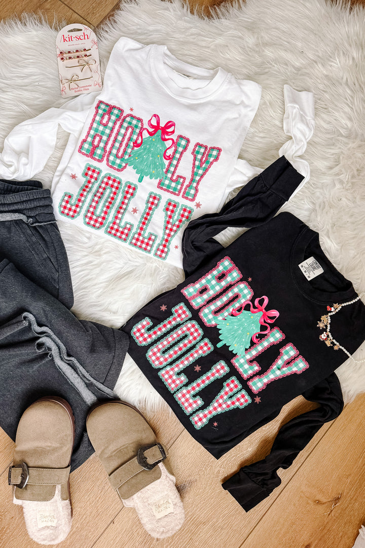 Pastel Pink Holly Jolly Graphic Long Sleeve - Black & White