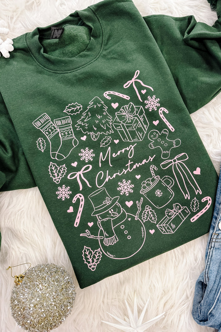 Merry Christmas Doodles Graphic Sweatshirts - Forest Green