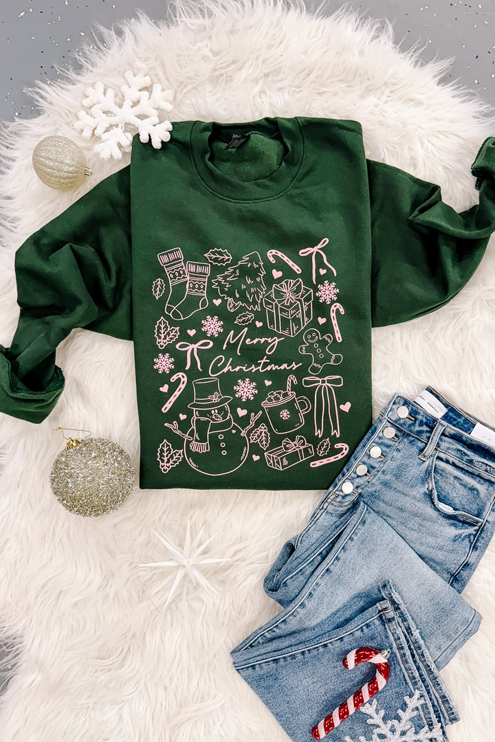 Merry Christmas Doodles Graphic Sweatshirts - Forest Green