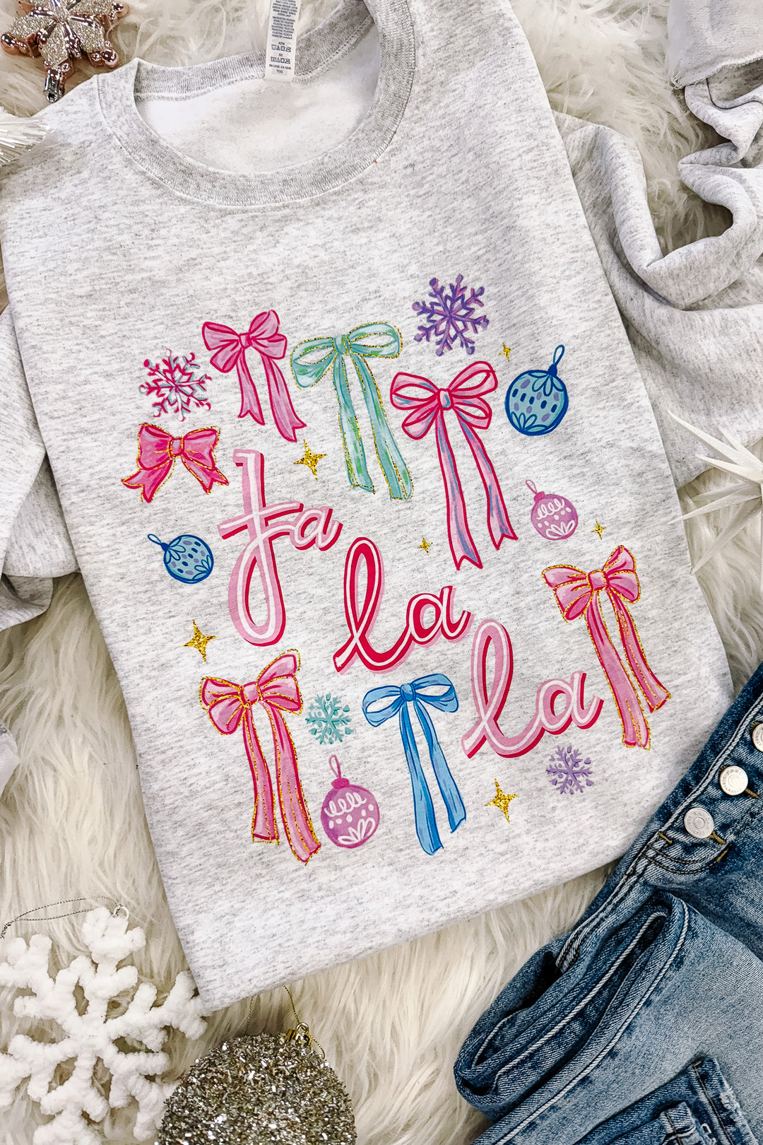 Fa La La Bright Bows Graphic Sweatshirt - Ash Grey