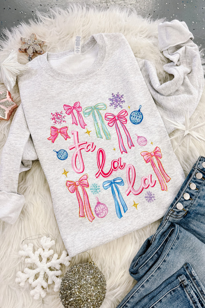 Fa La La Bright Bows Graphic Sweatshirt - Ash Grey