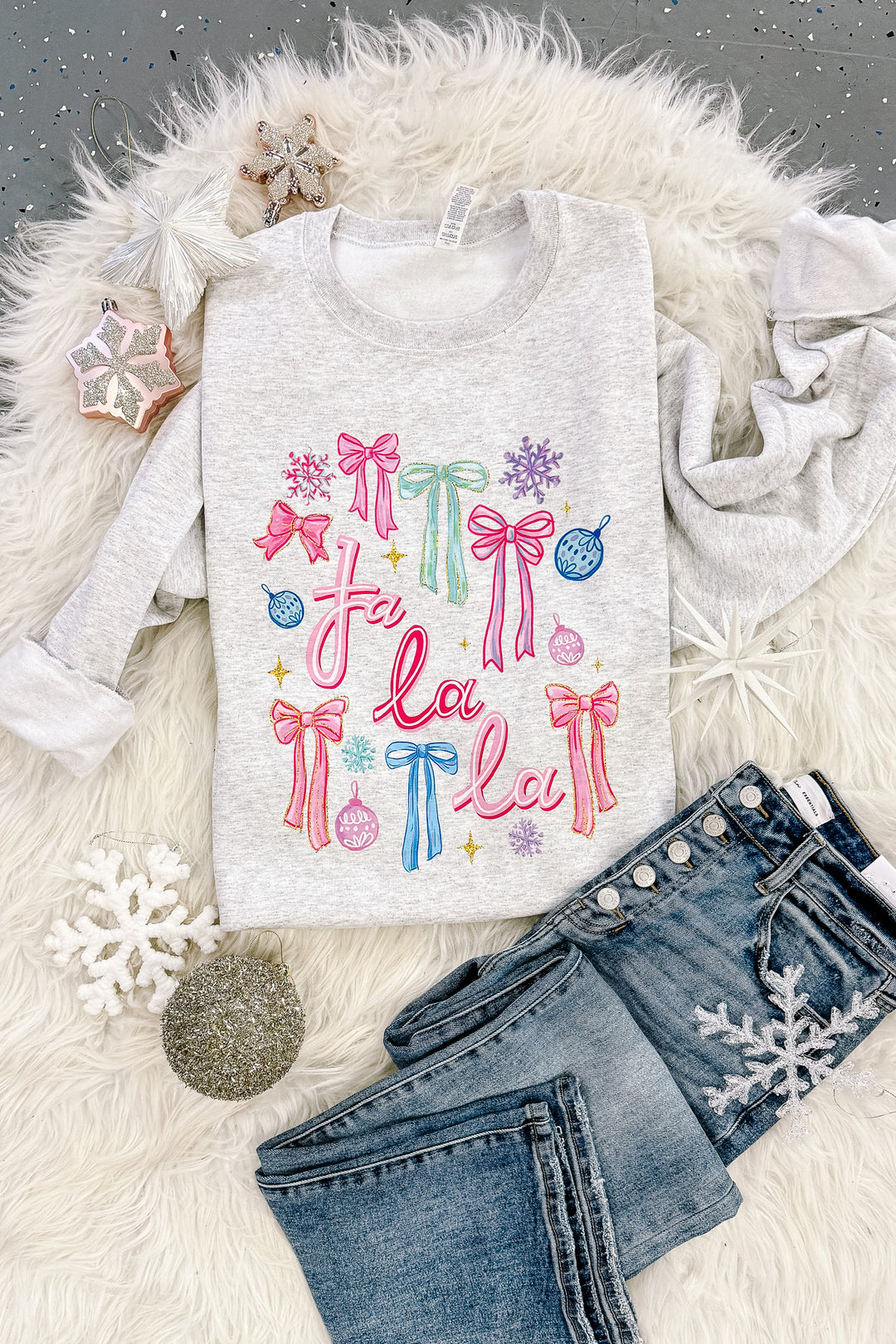 Fa La La Bright Bows Graphic Sweatshirt - Ash Grey