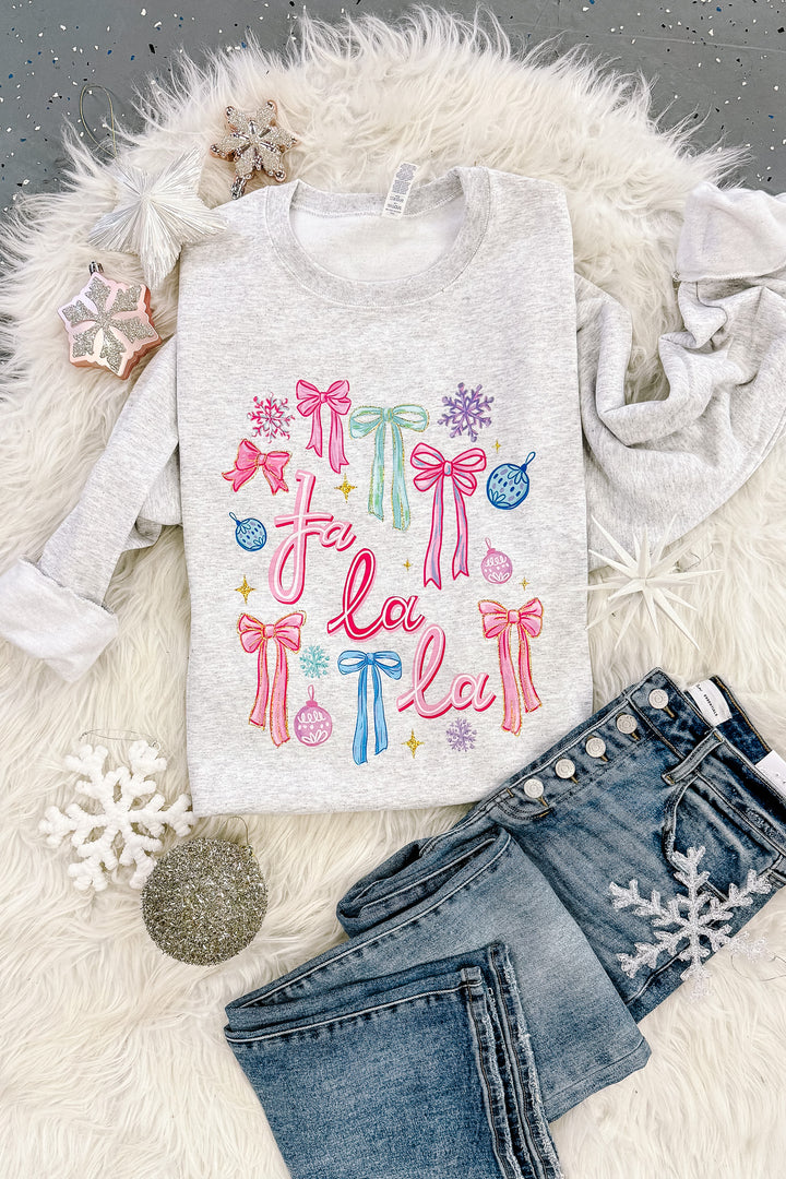 Fa La La Bright Bows Graphic Sweatshirt - Ash Grey