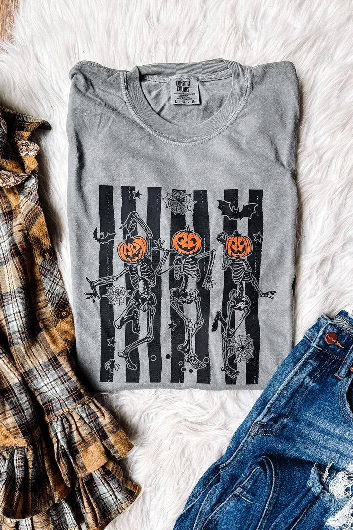 Dancing Skeletons Stripes Graphic Tee - Light Grey