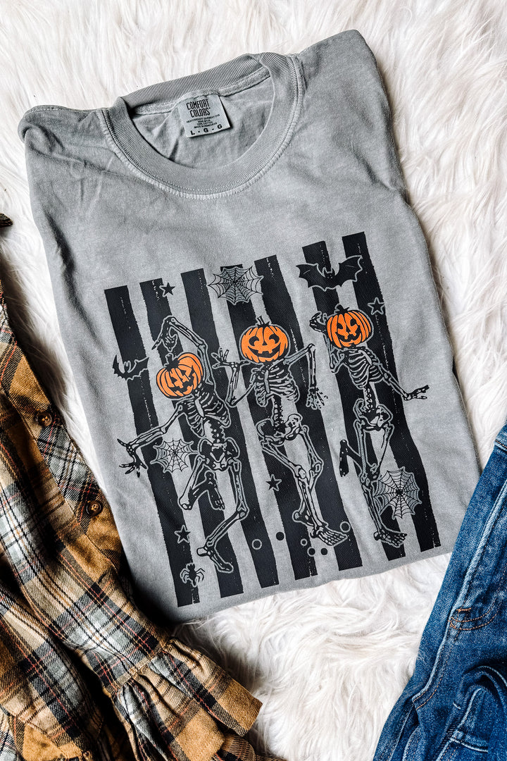 Dancing Skeletons Stripes Graphic Tee - Light Grey