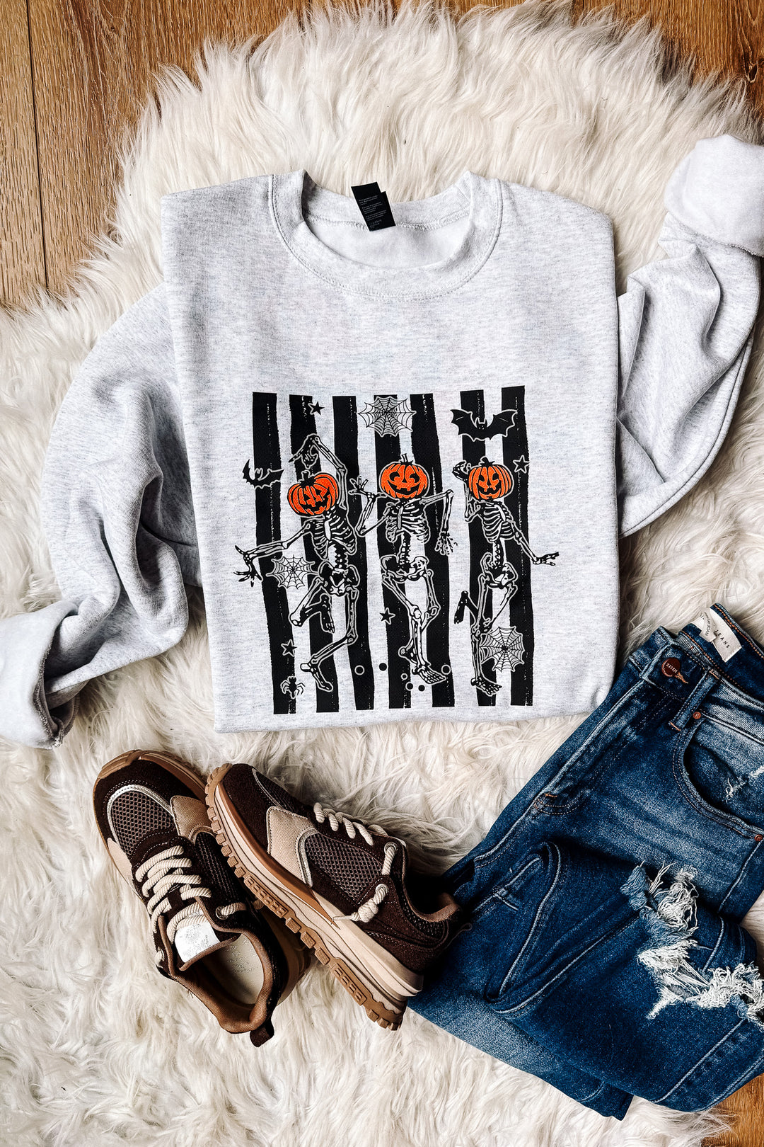 Dancing Skeletons Stripes Graphic Sweatshirt - Ash Grey