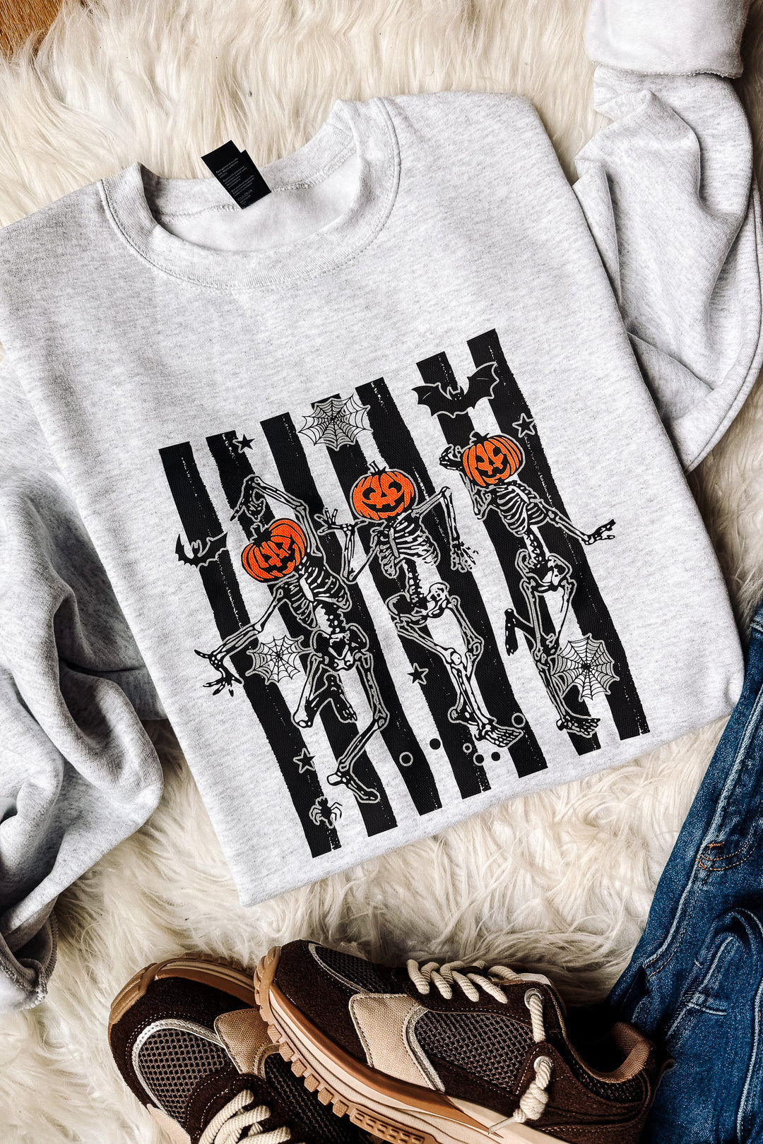 Dancing Skeletons Stripes Graphic Sweatshirt - Ash Grey